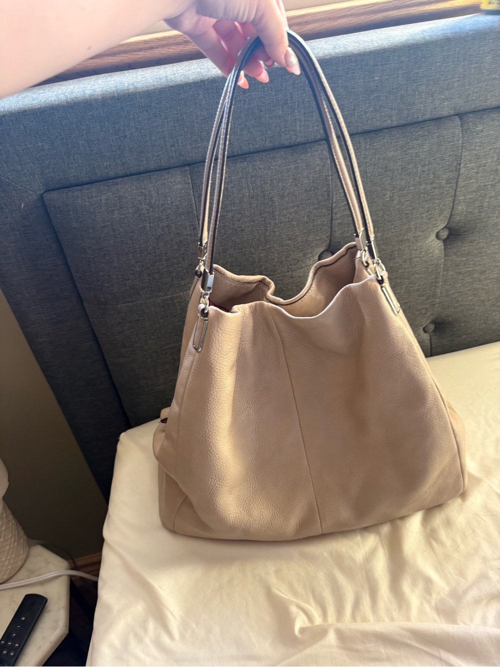 Neutral Taupe Leather Coach Shoulder Bag with Double Straps
